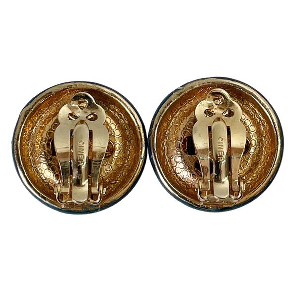 1980s CINER Gold Plate White Rhinestone Teal Enamel Button Style Clip Earrings - Picture 2 of 3